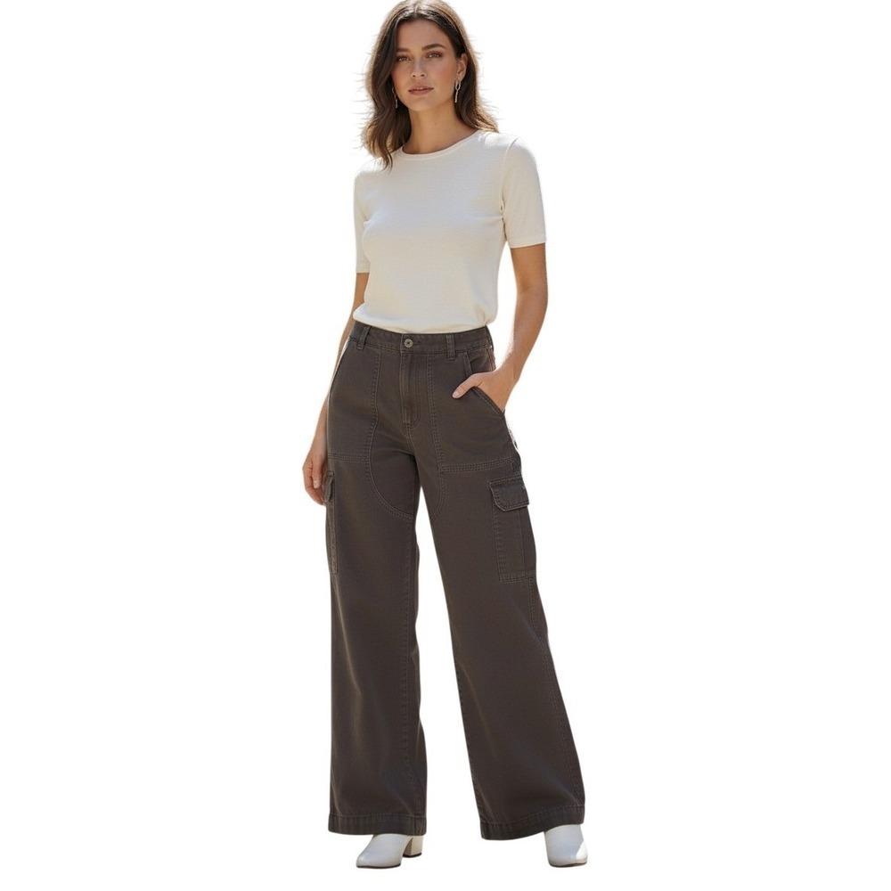 Oak + Fort Charcoal Wide Leg Cargo Pants 28 Utility Waist Buckle Strap Grey